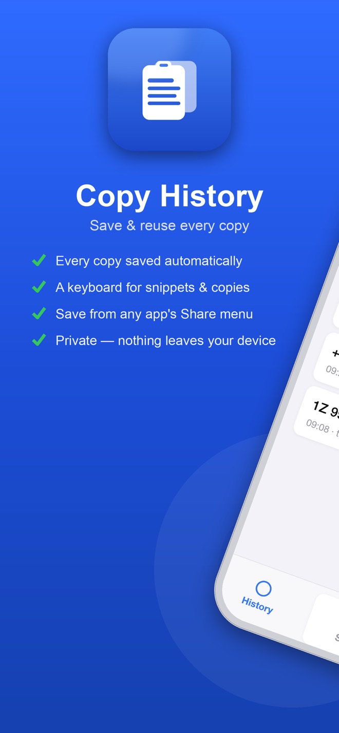 Copy History — every copy saved automatically, a keyboard for snippets and copies, save from any app's Share menu
