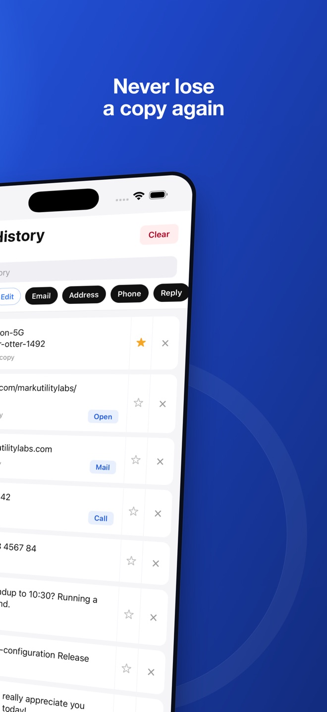Copy History showing a list of saved clipboard entries