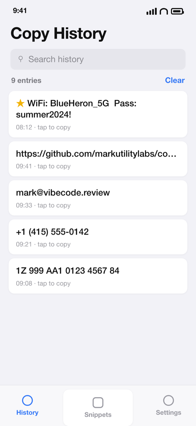 Copy History showing a list of saved clipboard entries